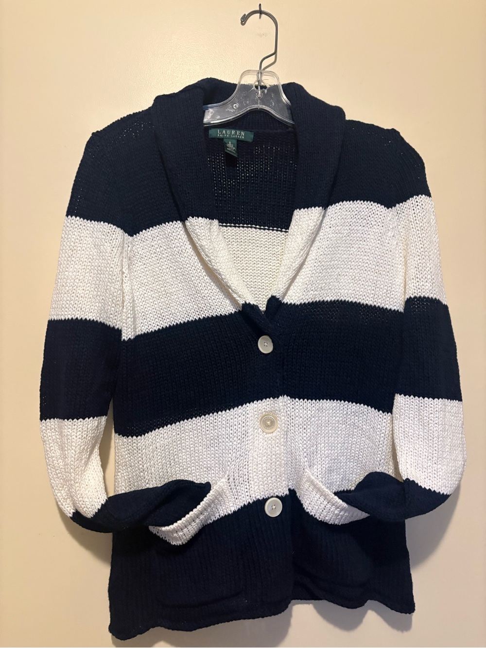 Lauren Ralph Lauren Navy and White Striped Shawl-Collar Cardigan Size S